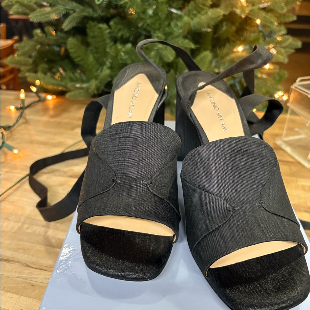 ANTONIO MELANI Black Satin Open-Toe Block Heel Sandals with Ankle Ties